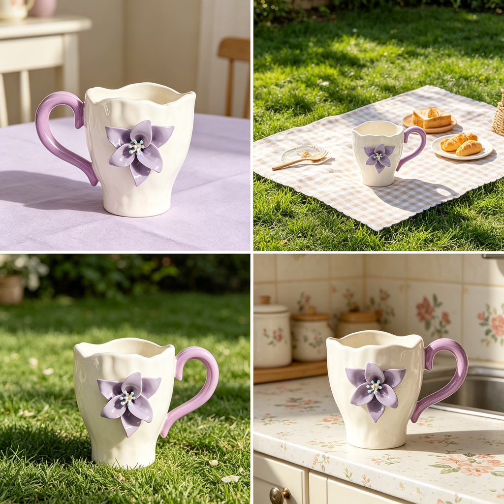 Porzellantasse mit violettem Blumenrelief aus Porzellan