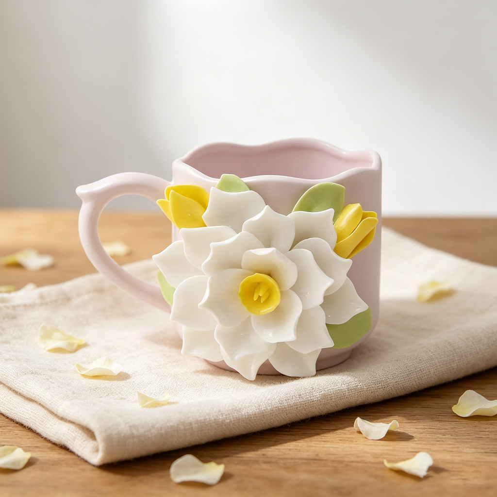 Handgemachte Magnolie Relief Keramik Tasse