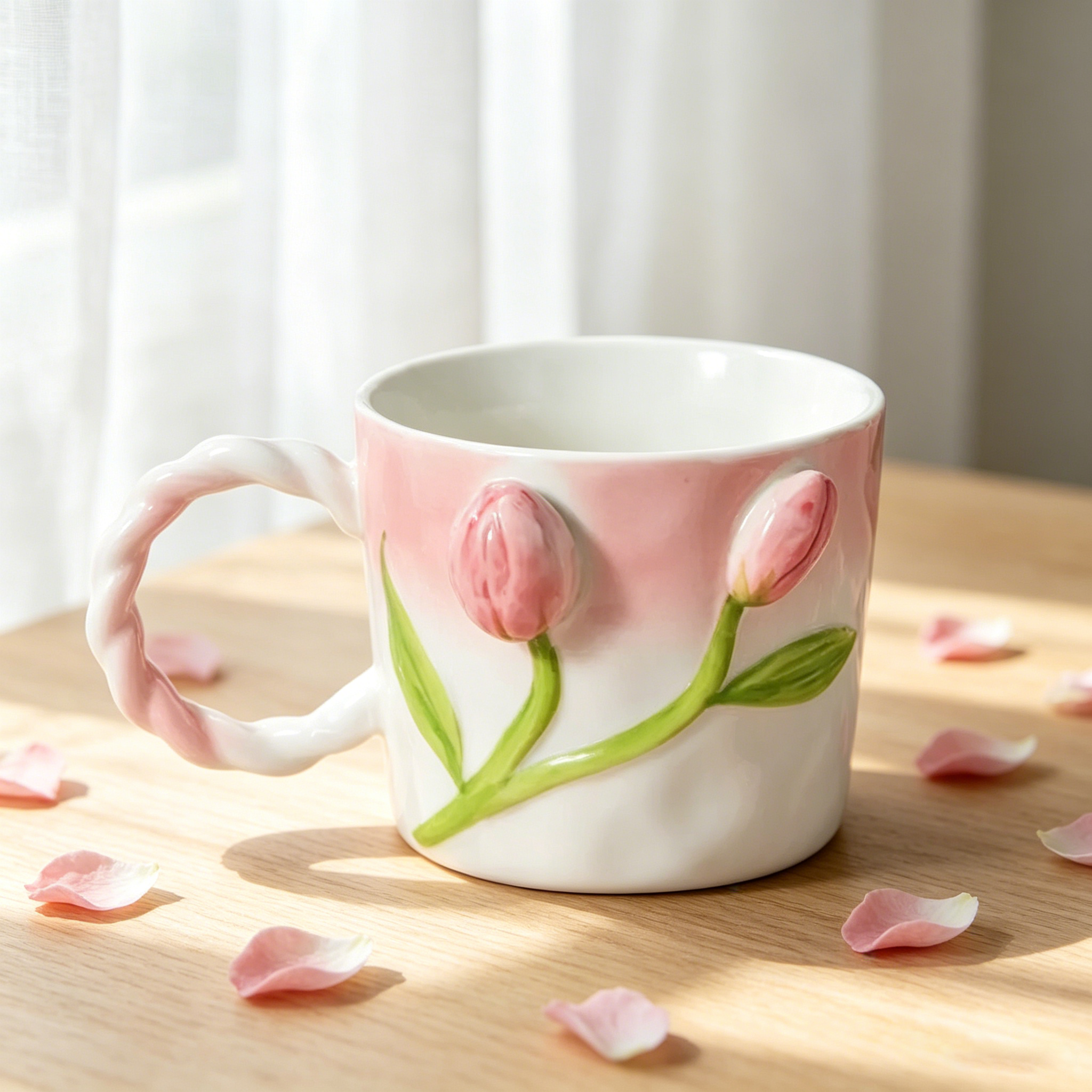 Kreative geprägte Tulpe Relief Porzellanbecher mit gedrehtem Griff