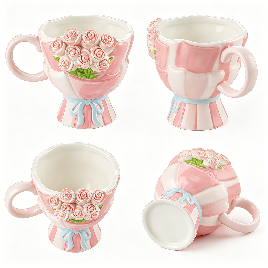 Charaktervolle Rosenbouquet Keramik Tasse | Relief Design mit Schleife