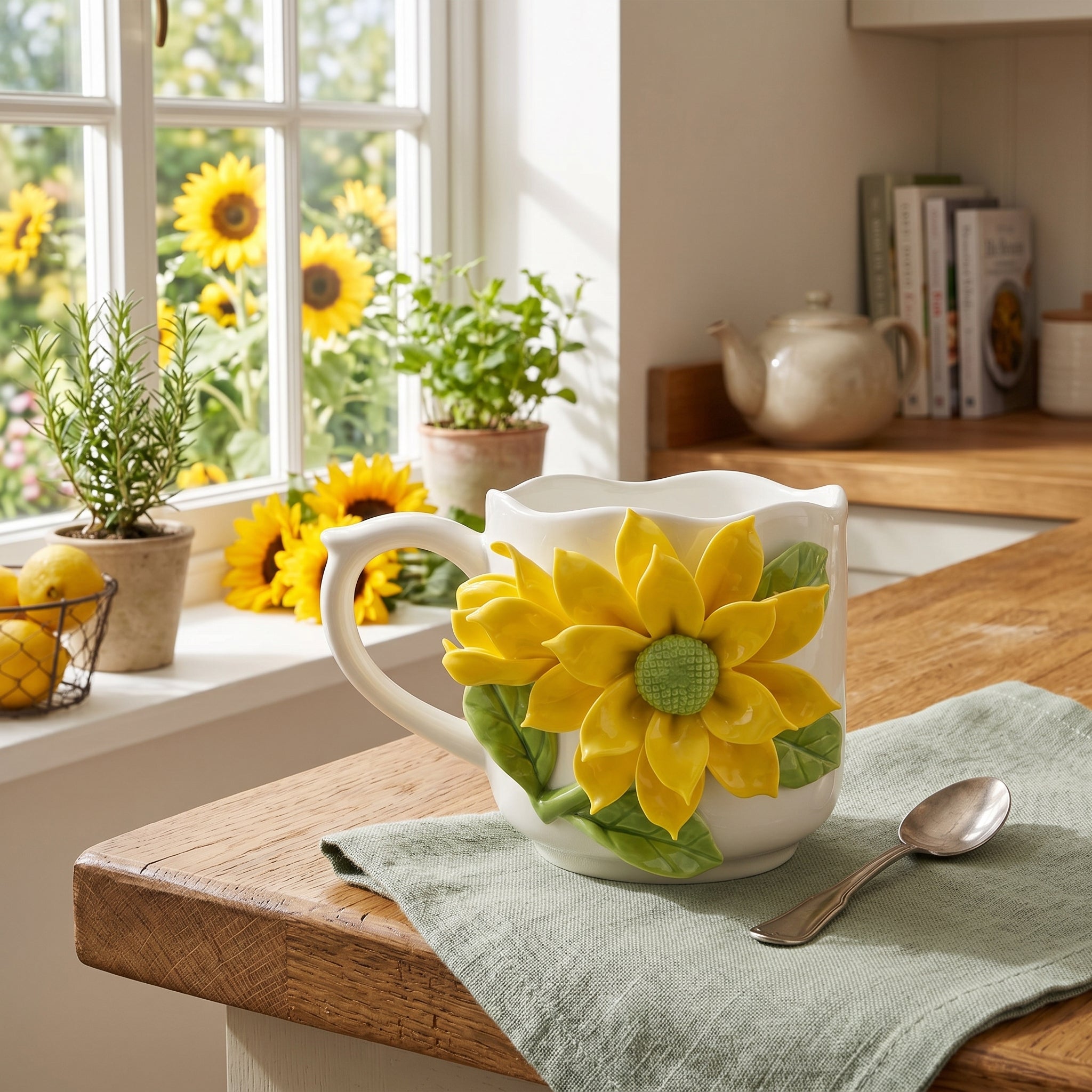 Charaktervolle Sonnenblumenbouquet Keramik Tasse