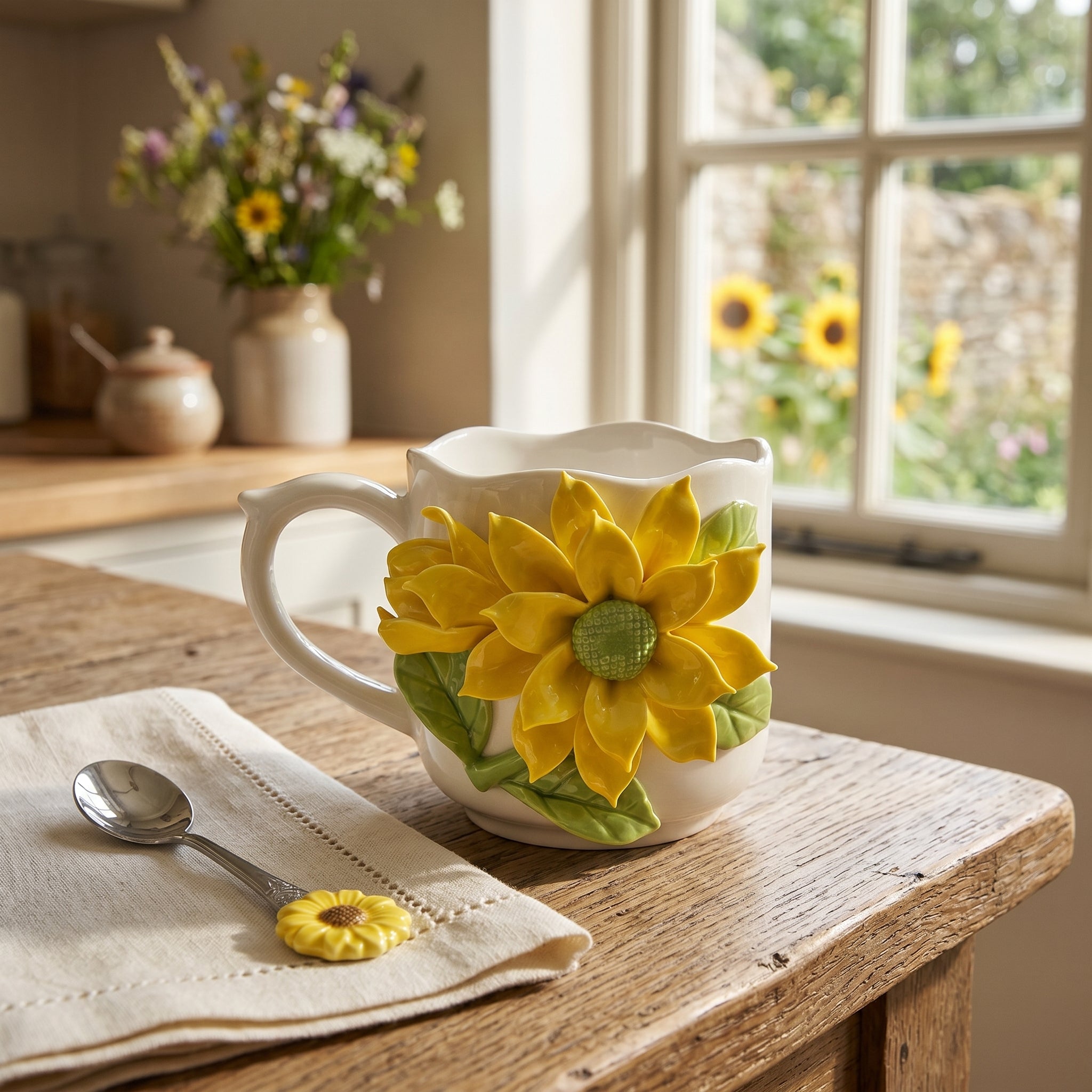 Charaktervolle Sonnenblumenbouquet Keramik Tasse