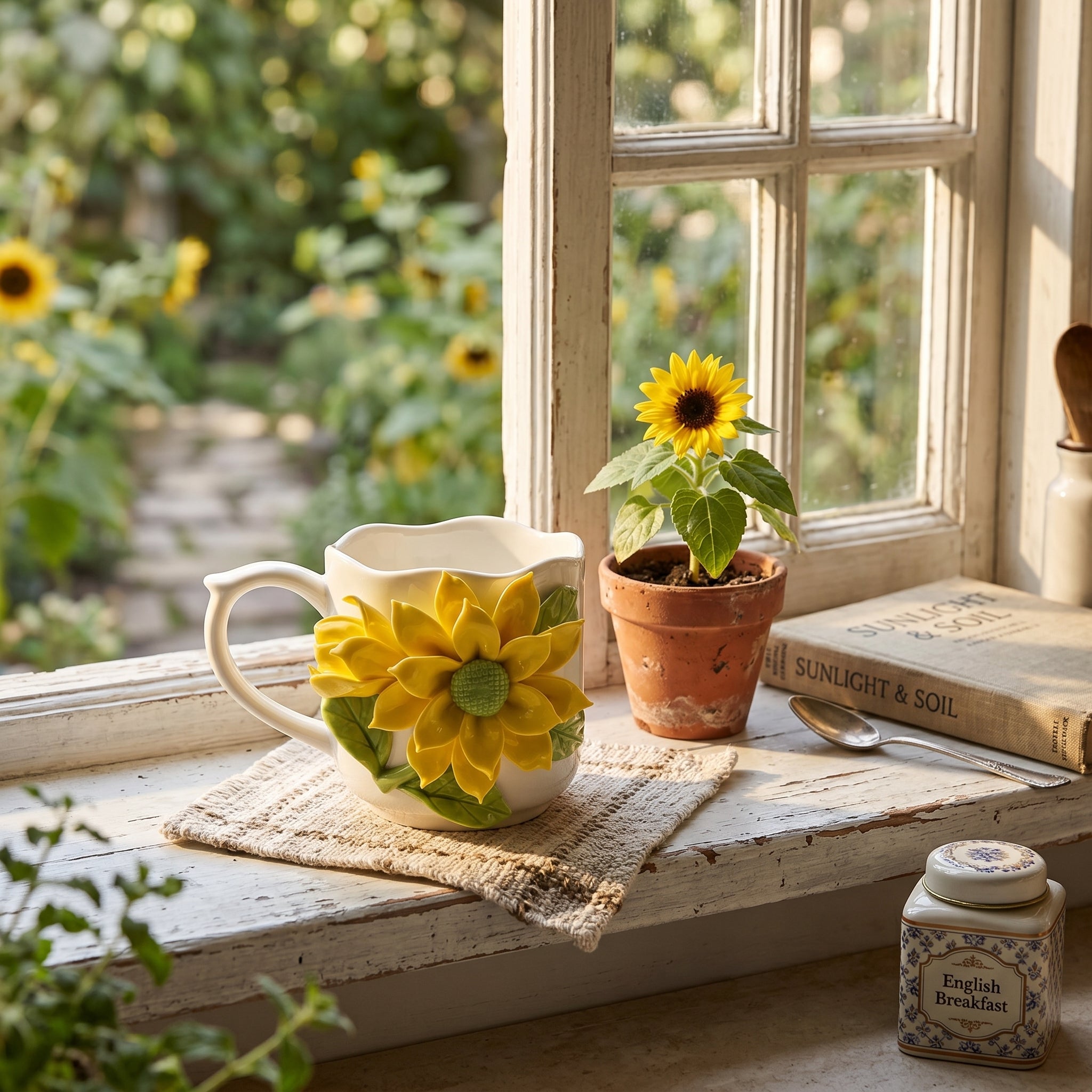 Charaktervolle Sonnenblumenbouquet Keramik Tasse