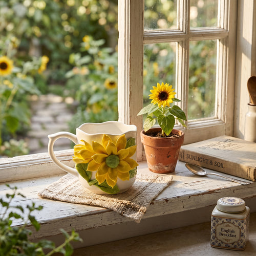 Charaktervolle Sonnenblumenbouquet Keramik Tasse