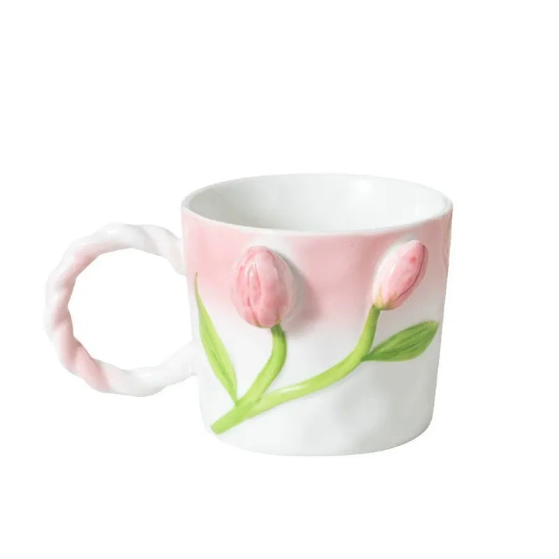 Kreative geprägte Tulpe Relief Porzellanbecher mit gedrehtem Griff