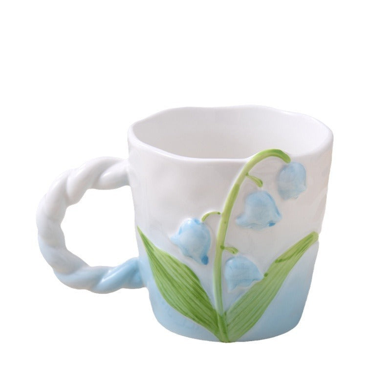 Frische Maiglöckchen Relief Keramik Kaffeebecher mit gedrehtem Griff