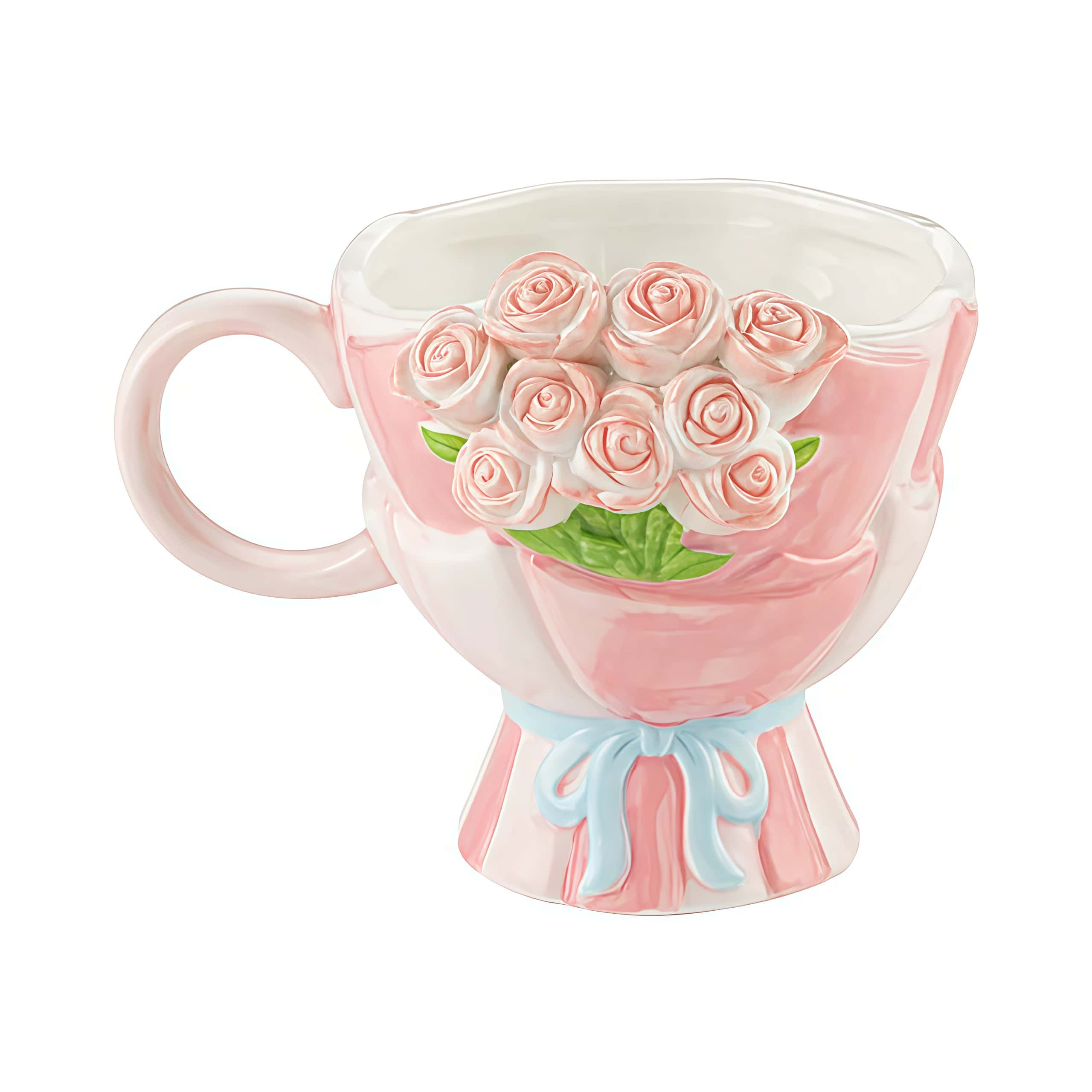 Charaktervolle Rosenbouquet Keramik Tasse | Relief Design mit Schleife